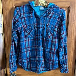 Columbia Plaid Button Down Hooded Shirt Size M